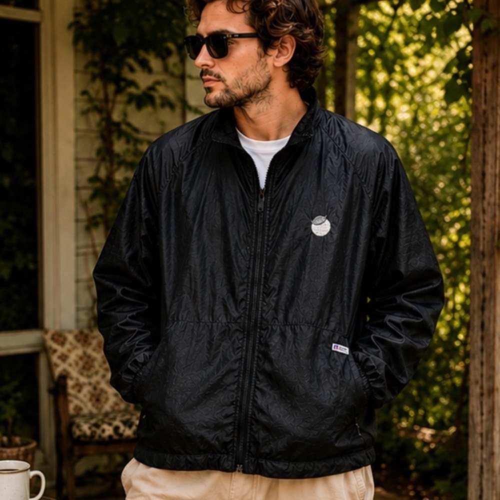 Vintage Russell Athletic Black Nylon Windbreaker Jacket Mens M USA Made 90s Y2K